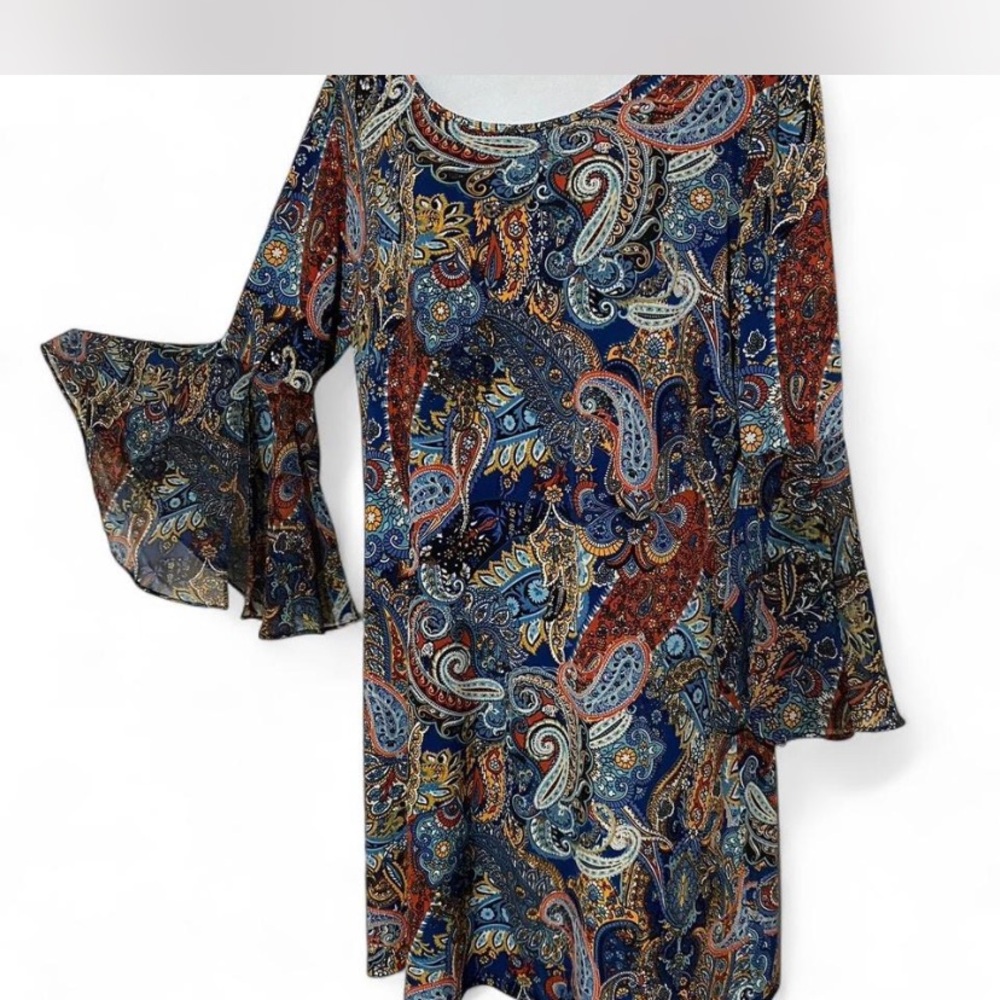 Blue and Brown Sheath Dress with Bell Sleeves